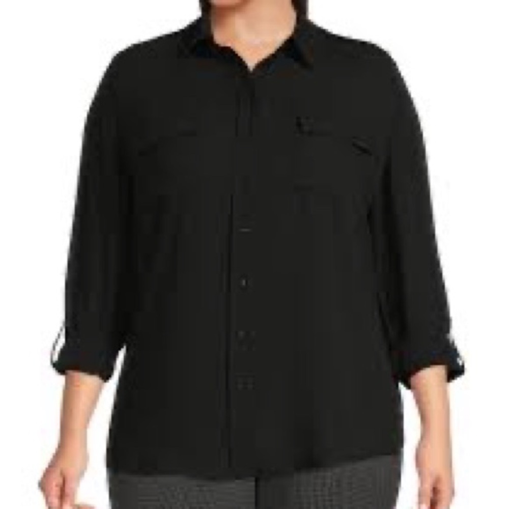 350- NY Collection NWT Black Long Sleeve Button Down Top, Size 1X